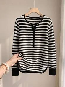 Rusticease Black And White Striped Print Notched V Neck Tee Brunch Autumn Casual - Black and White - View 1