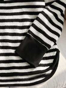 Rusticease Black And White Striped Print Notched V Neck Tee Brunch Autumn Casual - Black and White - View 6