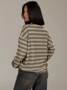 MUSERA Oversized Crew Neck Striped Jumper Spring Casual Y2k 90's Stripe Oversized Airport Work Office Work Office Chic Sweater Spring Vacation - Khaki - View 3