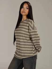 MUSERA Oversized Crew Neck Striped Jumper Spring Casual Y2k 90's Stripe Oversized Airport Work Office Work Office Chic Sweater Spring Vacation - Khaki - View 2