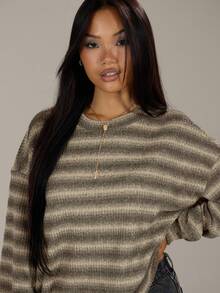 MUSERA Oversized Crew Neck Striped Jumper Spring Casual Y2k 90's Stripe Oversized Airport Work Office Work Office Chic Sweater Spring Vacation - Khaki - View 5