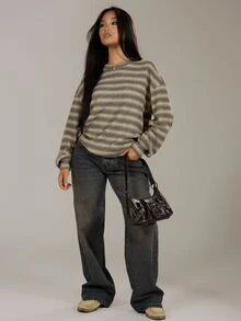 MUSERA Oversized Crew Neck Striped Jumper Spring Casual Y2k 90's Stripe Oversized Airport Work Office Work Office Chic Sweater Spring Vacation - Khaki - View 4