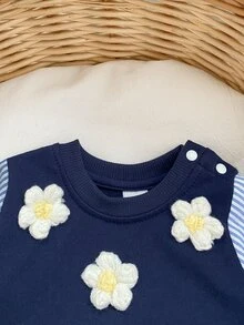 SHEIN 2pcs/Set Pakaian Bayi Perempuan Baru Lahir Musim Gugur/Dingin, Atasan Rajut Lengan Panjang Berkerut Motif Bunga 3D Garis-garis Patchwork dengan Legging Lebar, Bahan Campuran Katun, Nyaman dan Mudah Dipakai, Cocok untuk Aktivitas Sehari-hari, Belanja, Pakaian Liburan Halloween dan Natal - MultiWarna - View 5