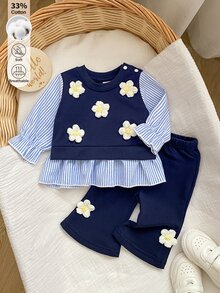 SHEIN 2pcs/Set Pakaian Bayi Perempuan Baru Lahir Musim Gugur/Dingin, Atasan Rajut Lengan Panjang Berkerut Motif Bunga 3D Garis-garis Patchwork dengan Legging Lebar, Bahan Campuran Katun, Nyaman dan Mudah Dipakai, Cocok untuk Aktivitas Sehari-hari, Belanja, Pakaian Liburan Halloween dan Natal - MultiWarna - View 1