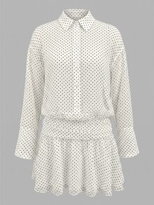 Cévolie Sexy Sheer Black Polka Dot Loose Sun Protection Shirt Waist-Cinching Ruffle Hem Short Dress - Apricot - View 4