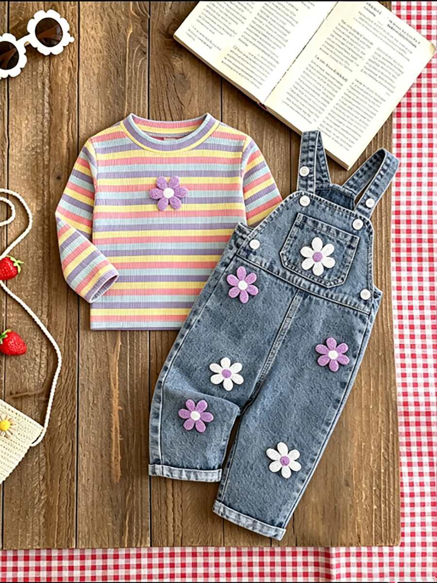 Toddler Girl Top Overalls Cute Purple Blue 3D Flower Ribbed Long Sleeve Round Neck Regular Party Family Autumn Pullover Princess Matching