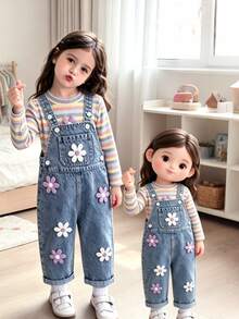 Toddler Girl Top Overalls Cute Purple Blue 3D Flower Ribbed Long Sleeve Round Neck Regular Party Family Autumn Pullover Princess Matching - Multicolor - View 9