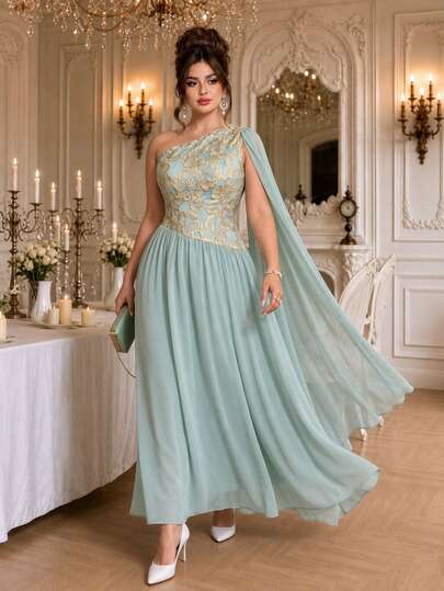 Roveilla Gaun Panjang Tanpa Lengan Leher Asimetris Berbahan Chiffon dengan Bordir Jacquard Tenun untuk Pesta Pernikahan/Perjamuan Musim Semi/Gugur, Gaya Vintage Romantis Elegan Seksi untuk Wanita