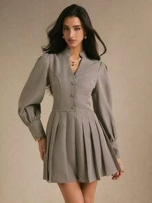 Poéselle Gaun Mini Wanita Motif Houndstooth, Leher V, Lengan Panjang, dan Hem Berlipit - Kopi - View 8