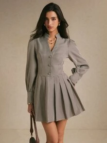 Poéselle Gaun Mini Wanita Motif Houndstooth, Leher V, Lengan Panjang, dan Hem Berlipit - Kopi - View 4