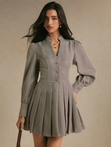 Poéselle Gaun Mini Wanita Motif Houndstooth, Leher V, Lengan Panjang, dan Hem Berlipit - Kopi - View 7