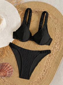 Swim Mod Women's Solid Color Textured Knit Adjustable Padded Bikini Set, Sexy & Fashionable Two Pieces Swimwear For Summer Beach Vacation - Black - View 5