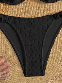 Swim Mod Women's Solid Color Textured Knit Adjustable Padded Bikini Set, Sexy & Fashionable Two Pieces Swimwear For Summer Beach Vacation - Black - View 3
