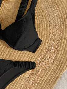 Swim Mod Women's Solid Color Textured Knit Adjustable Padded Bikini Set, Sexy & Fashionable Two Pieces Swimwear For Summer Beach Vacation - Black - View 6