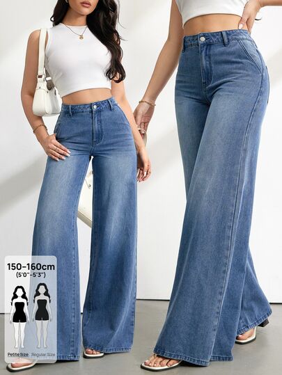 SHEIN PETITE Women's Casual Washed Wide Leg Jeans Fall/Winter Elegant Y2K Cute Basic Chic Halloween Graphic New Year Christmas Petite Women's Jeans