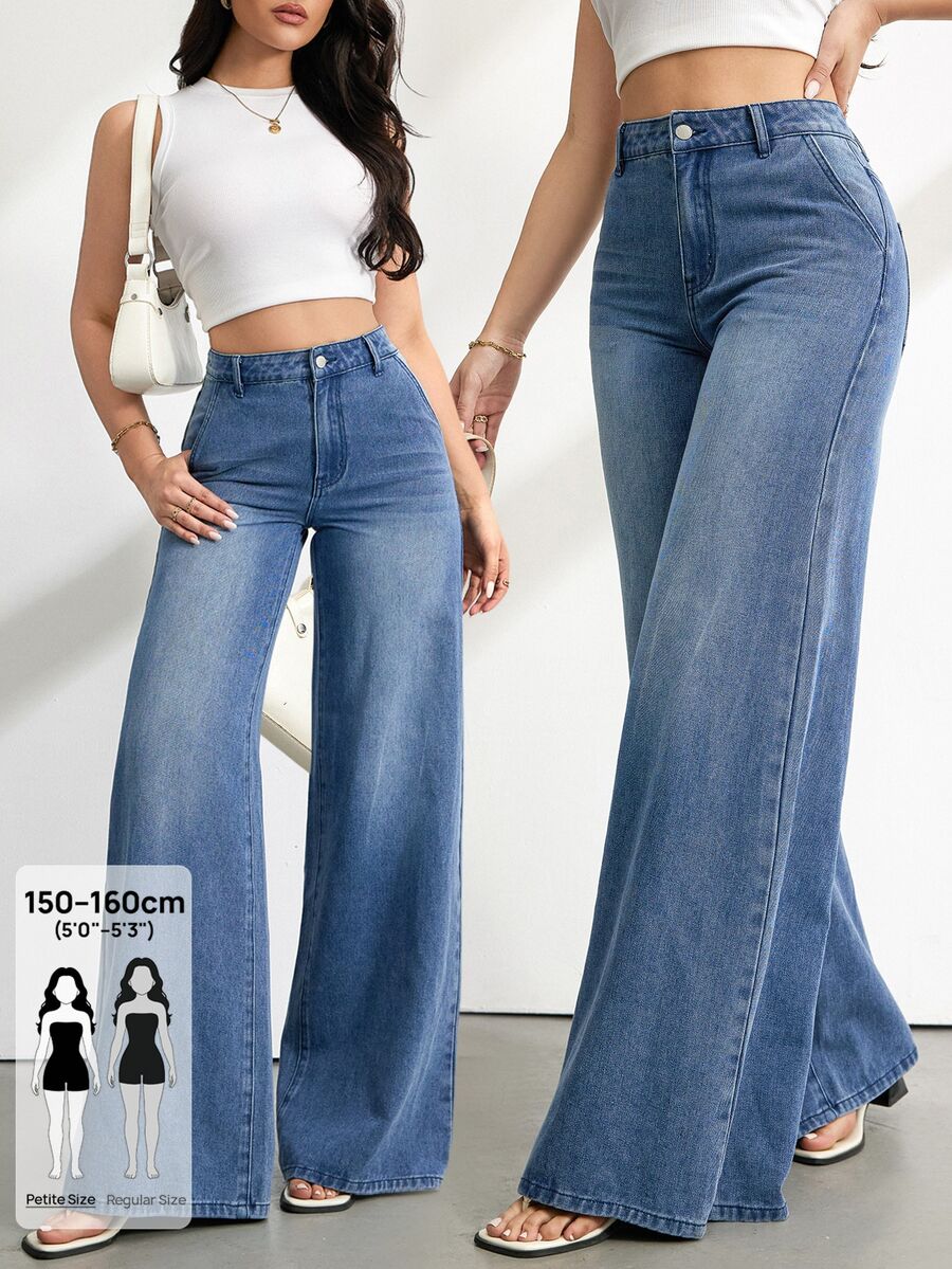 SHEIN PETITE 女款休閒水洗寬腿牛仔褲 秋冬優雅 Y2K 可愛基礎時尚款 萬聖節新年聖誕圖案 小個子女款牛仔褲 - 藍色 - 查看 1