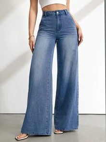 SHEIN PETITE 女款休閒水洗寬腿牛仔褲 秋冬優雅 Y2K 可愛基礎時尚款 萬聖節新年聖誕圖案 小個子女款牛仔褲 - 藍色 - 查看 7