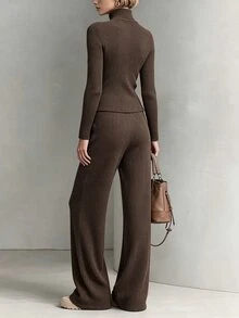 SHEIN Half-Button Ribbed Knit T-Shirt + High-Waist Vertical Stripe Wide-Leg Pants Women's Slimming Knit 2 Pieces Set - Brown - View 2
