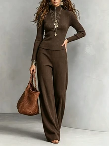 SHEIN Half-Button Ribbed Knit T-Shirt + High-Waist Vertical Stripe Wide-Leg Pants Women's Slimming Knit 2 Pieces Set - Brown - View 5