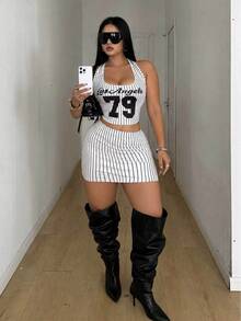 POPSWAY Summer New Striped Print Street Style Spaghetti Strap Cami Top + Sexy Bodycon Skirt Plus Size 2 Pieces Set - White - View 3