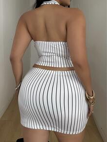 POPSWAY Summer New Striped Print Street Style Spaghetti Strap Cami Top + Sexy Bodycon Skirt Plus Size 2 Pieces Set - White - View 2