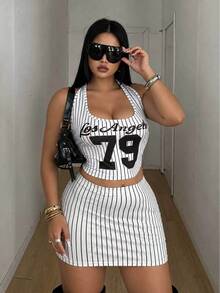 POPSWAY Summer New Striped Print Street Style Spaghetti Strap Cami Top + Sexy Bodycon Skirt Plus Size 2 Pieces Set - White - View 5
