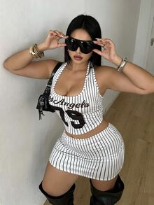 POPSWAY Summer New Striped Print Street Style Spaghetti Strap Cami Top + Sexy Bodycon Skirt Plus Size 2 Pieces Set - White - View 4