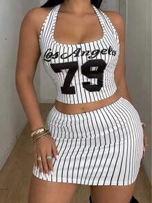 POPSWAY Summer New Striped Print Street Style Spaghetti Strap Cami Top + Sexy Bodycon Skirt Plus Size 2 Pieces Set - White - View 1