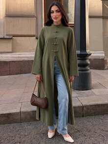Elenzga Ruched Blazer-Style Mock Neck Loose Sleeve Long Dress With Side Slits, Minimalist Low-Key Outerwear Suitable For Cafe And Daily Shopping - Army Green - View 6