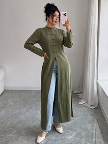 Elenzga Ruched Blazer-Style Mock Neck Loose Sleeve Long Dress With Side Slits, Minimalist Low-Key Outerwear Suitable For Cafe And Daily Shopping - Army Green - View 5