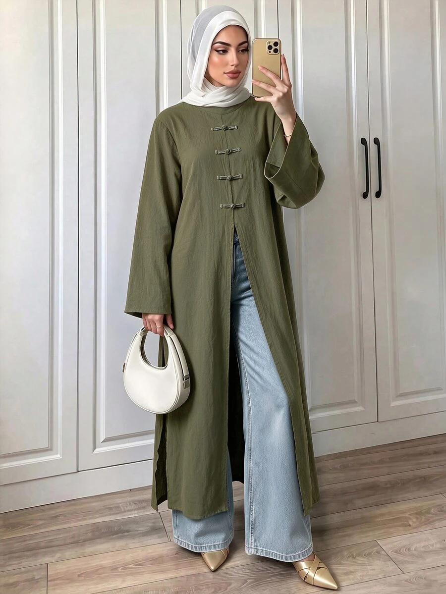 Elenzga Ruched Blazer-Style Mock Neck Loose Sleeve Long Dress With Side Slits, Minimalist Low-Key Outerwear Suitable For Cafe And Daily Shopping - Army Green - View 1