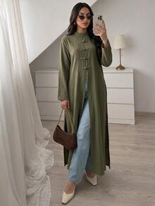 Elenzga Ruched Blazer-Style Mock Neck Loose Sleeve Long Dress With Side Slits, Minimalist Low-Key Outerwear Suitable For Cafe And Daily Shopping - Army Green - View 4