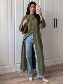 Elenzga Ruched Blazer-Style Mock Neck Loose Sleeve Long Dress With Side Slits, Minimalist Low-Key Outerwear Suitable For Cafe And Daily Shopping - Army Green - View 8