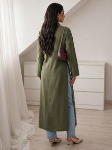 Elenzga Ruched Blazer-Style Mock Neck Loose Sleeve Long Dress With Side Slits, Minimalist Low-Key Outerwear Suitable For Cafe And Daily Shopping - Army Green - View 2