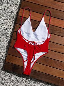 SHEIN Swim Beach Summer Women's Solid Color Spaghetti Strap One Piece Swimsuit - Red - View 2