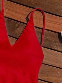 SHEIN Swim Beach Summer Women's Solid Color Spaghetti Strap One Piece Swimsuit - Red - View 3