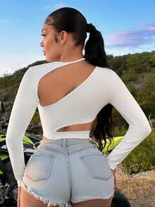 SHEIN SXY Valentine's Day Hollow Out Asymmetrical Halter White Crop Top - White - View 2