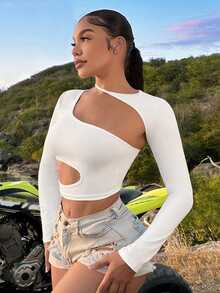 SHEIN SXY Valentine's Day Hollow Out Asymmetrical Halter White Crop Top - White - View 6