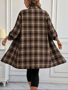 女款休閒復古 70 年代極簡格紋鈕扣薄夾克上衣，適合通勤工作、旅行、早午餐，感恩節棕色格紋秋季女裝 - 彩色 - 查看 3