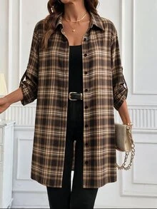 女款休閒復古 70 年代極簡格紋鈕扣薄夾克上衣，適合通勤工作、旅行、早午餐，感恩節棕色格紋秋季女裝 - 彩色 - 查看 7