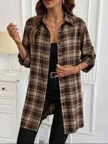 女款休閒復古 70 年代極簡格紋鈕扣薄夾克上衣，適合通勤工作、旅行、早午餐，感恩節棕色格紋秋季女裝 - 彩色 - 查看 5