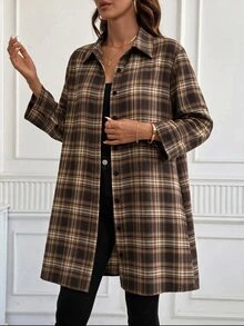 女款休閒復古 70 年代極簡格紋鈕扣薄夾克上衣，適合通勤工作、旅行、早午餐，感恩節棕色格紋秋季女裝 - 彩色 - 查看 4