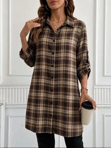 女款休閒復古 70 年代極簡格紋鈕扣薄夾克上衣，適合通勤工作、旅行、早午餐，感恩節棕色格紋秋季女裝 - 彩色 - 查看 6