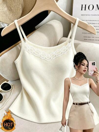 SHEIN Franclia Women's Autumn/Winter Outfit, Elegant Vest, Casual Vest, Outing Vest, Holiday Outfit, Y2K, Commute Outfit, Office Outfit, Apricot Vest, Fuzzy Vest, Round Neck Vest, Graduation, Fitted Vest, Elastic Comfortable, Soft, Lace Vest, Apricot Inner Vest, Autumn Inner Vest, Winter Inner Vest