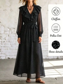 SHEIN Women's Spring/Autumn Elegant Exquisite Outing Date Commute Outfit, Large Ruffle V-Neck Long Sleeve Cinched Waist Polka Dot Dress - Multicolor - View 4