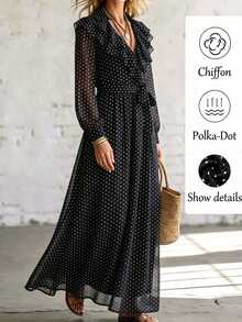 SHEIN Women's Spring/Autumn Elegant Exquisite Outing Date Commute Outfit, Large Ruffle V-Neck Long Sleeve Cinched Waist Polka Dot Dress - Multicolor - View 6