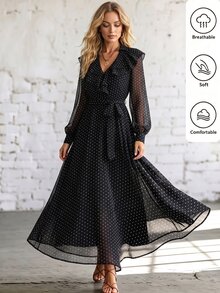 SHEIN Women's Spring/Autumn Elegant Exquisite Outing Date Commute Outfit, Large Ruffle V-Neck Long Sleeve Cinched Waist Polka Dot Dress - Multicolor - View 8