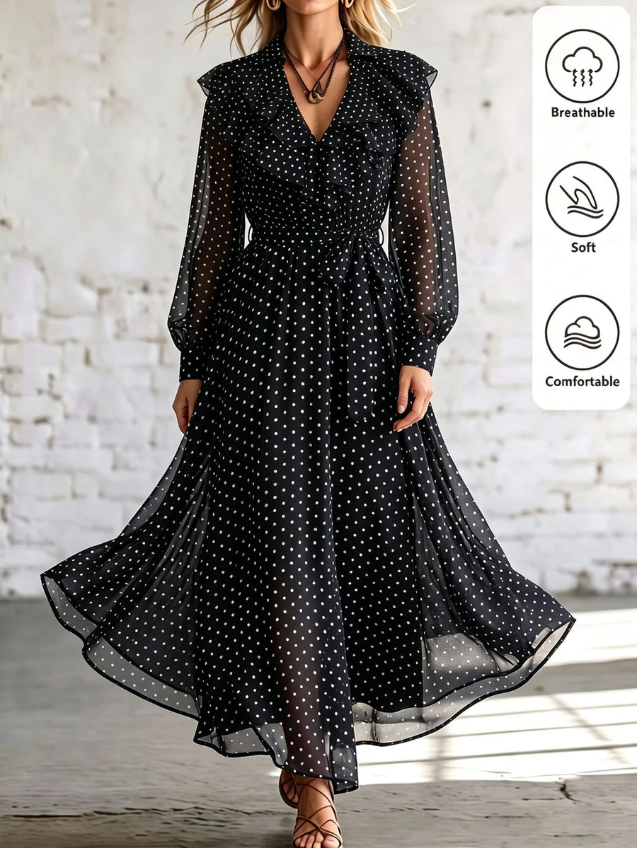 SHEIN Women's Spring/Autumn Elegant Exquisite Outing Date Commute Outfit, Large Ruffle V-Neck Long Sleeve Cinched Waist Polka Dot Dress - Multicolor - View 1
