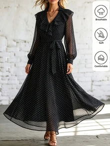SHEIN Women's Spring/Autumn Elegant Exquisite Outing Date Commute Outfit, Large Ruffle V-Neck Long Sleeve Cinched Waist Polka Dot Dress - Multicolor - View 3