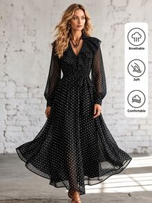 SHEIN Women's Spring/Autumn Elegant Exquisite Outing Date Commute Outfit, Large Ruffle V-Neck Long Sleeve Cinched Waist Polka Dot Dress - Multicolor - View 7